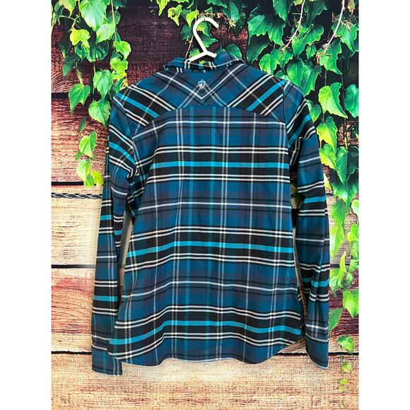 Kuhl Plaid Flannel Collared Button Up Shirt Blue Pockets Rodeo Women Small NWOT - Picture 2 of 4